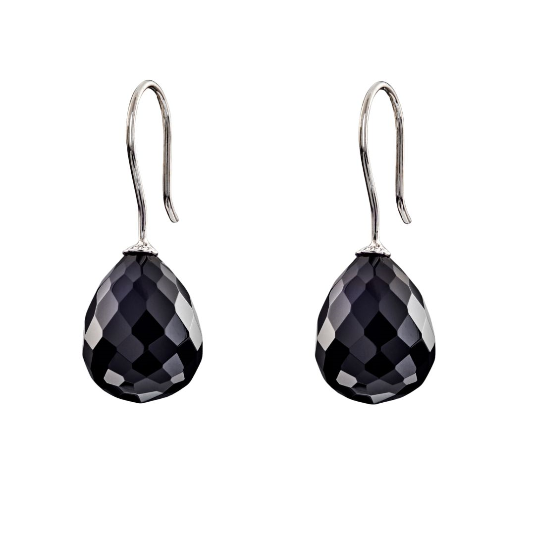 Snoepjes | 14 karaat witgouden zwarte onyx oorhangers | druppelvormig