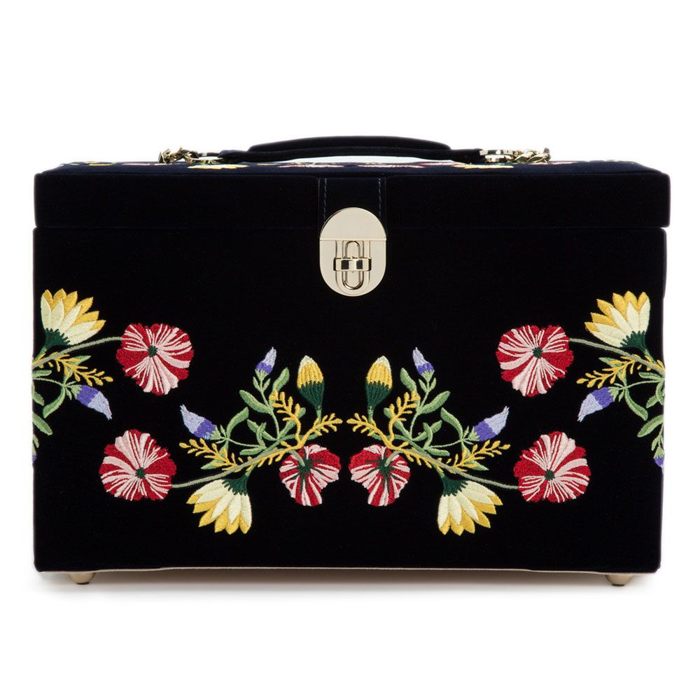 Wolf1834 | Donkerblauw grote suede sieradendoos met bloemmotief | Zoe