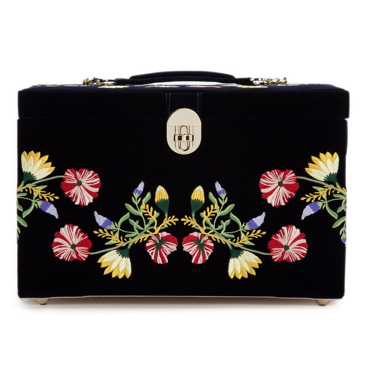 Wolf1834 | Donkerblauw grote suede sieradendoos met bloemmotief | Zoe