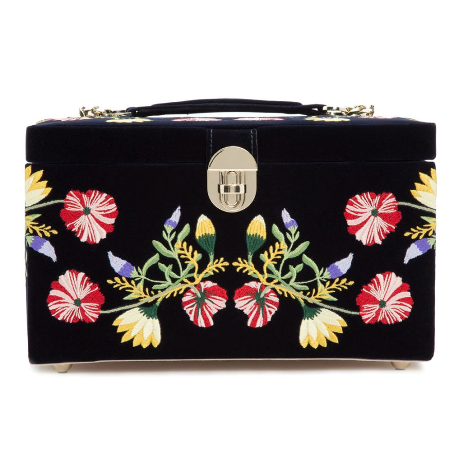 Wolf1834 | Donkerblauw suede sieradendoos met bloemmotief | Zoe